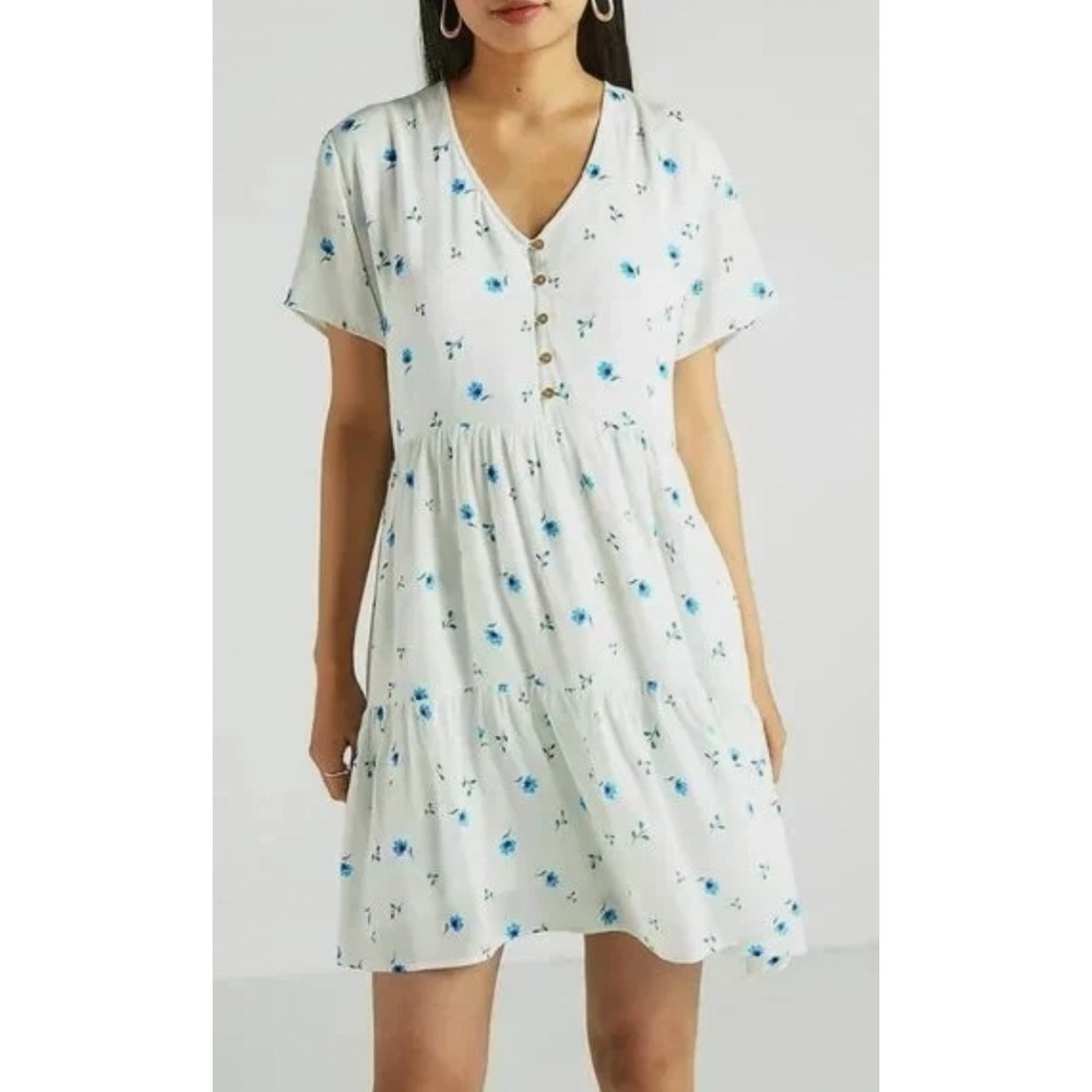Madewell X Resistor Floral White Blue Button Front Tiered Mini Dress Sz XS NWT